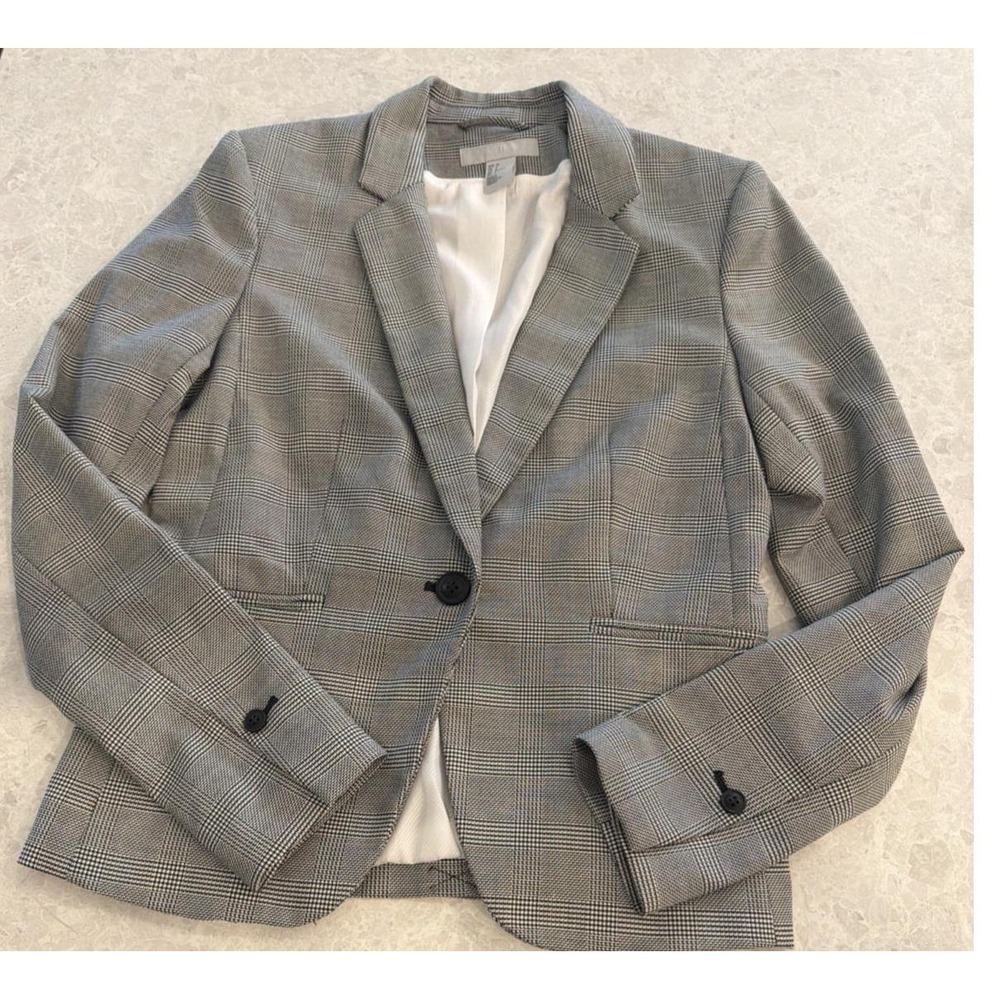 H&M Women's Gray Plaid One Button Blazer Jacket Notched Lapel Lined Career Sz 6